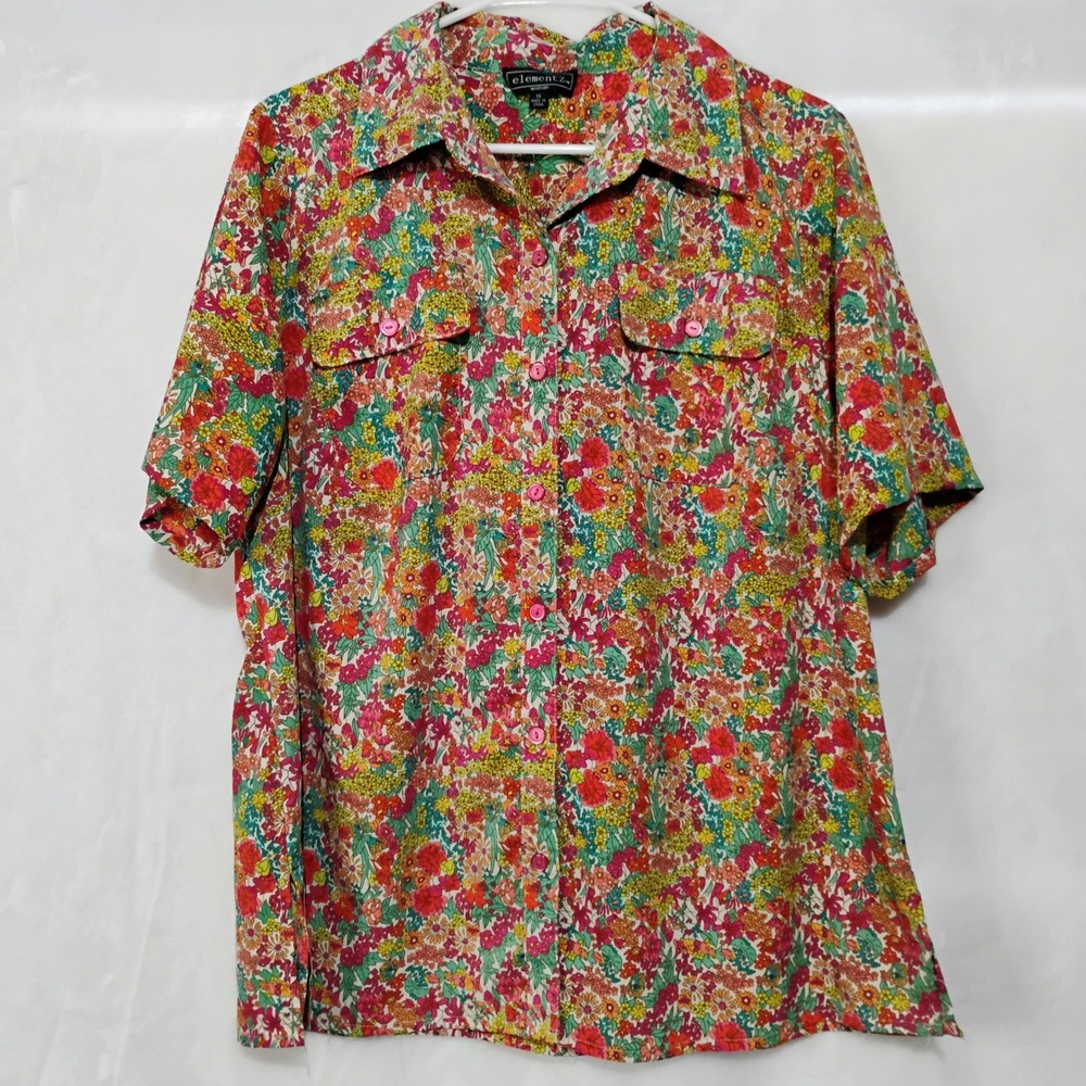 Elementz Woman 1X Floral Button Up Shirt Short Sleeve Multi Color‎ Retro V